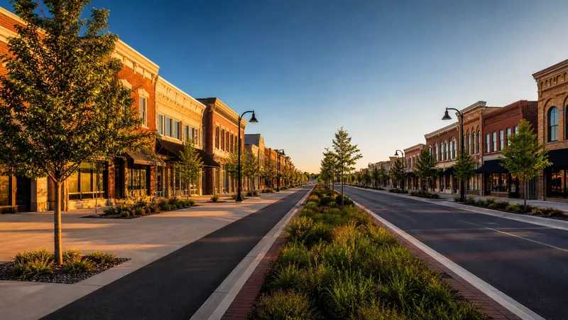 Midwestern suburban main street of low brick and stone commercial buildings with young street trees, Olathe Business License