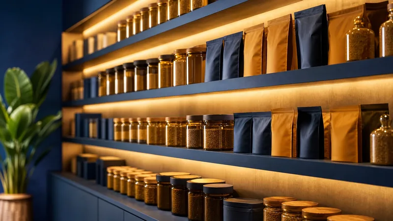 Minimal retail shelf of jars and pouches, Kansas Hemp, CBD and Delta-8